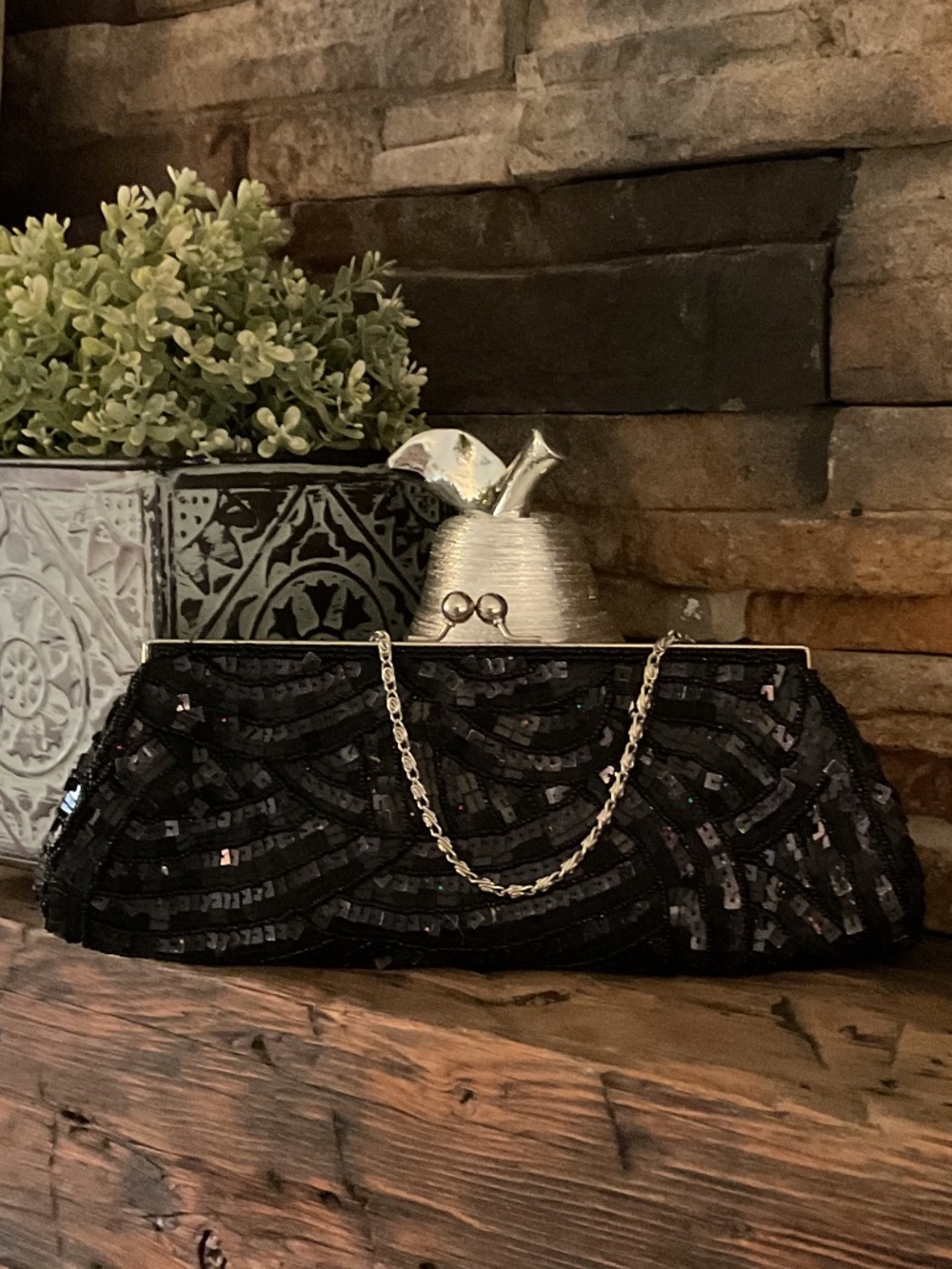 🤩Vintage  90s Black Elegant Sequin & Beaded Party Prom Baguette Clutch Bag